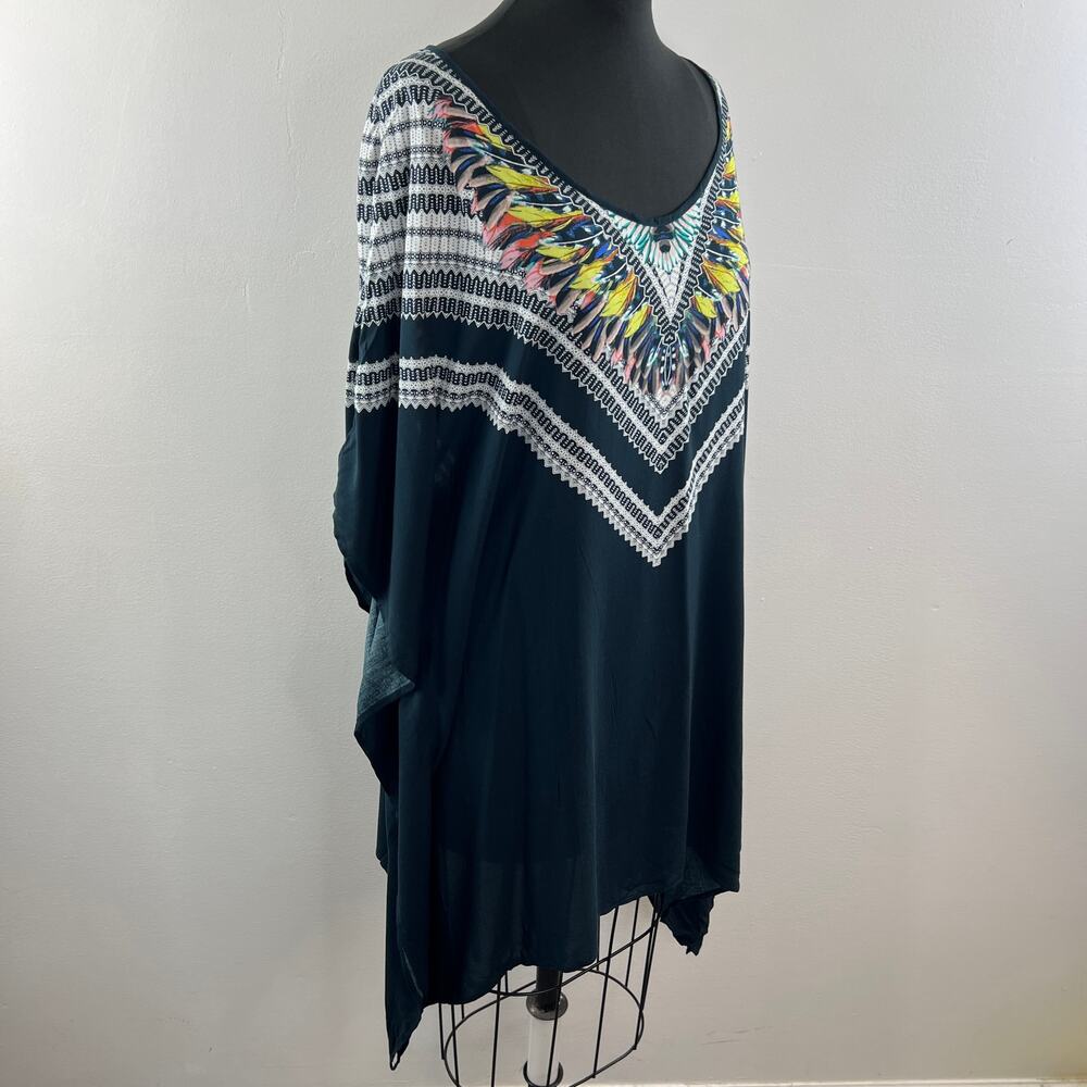 RED CARTER Black M/L Swim Cover Up Tunic Top Boho Peacock Scoop Neck 3/4 Sleeves - Picture 3 of 10